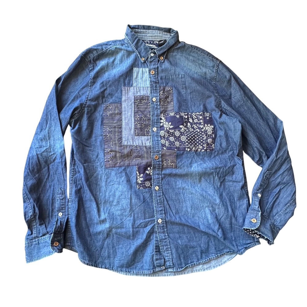 Desigual Man Denim Patchwork Button Down Shirt Blue Cotton Paisley Boho Mens L